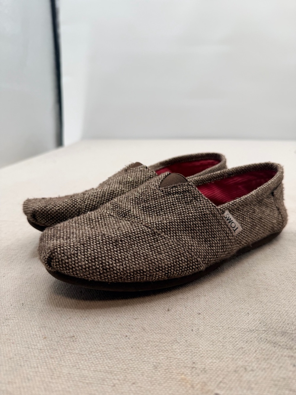 Toms Brown Woven Slip-On Loafers with Red Interior
